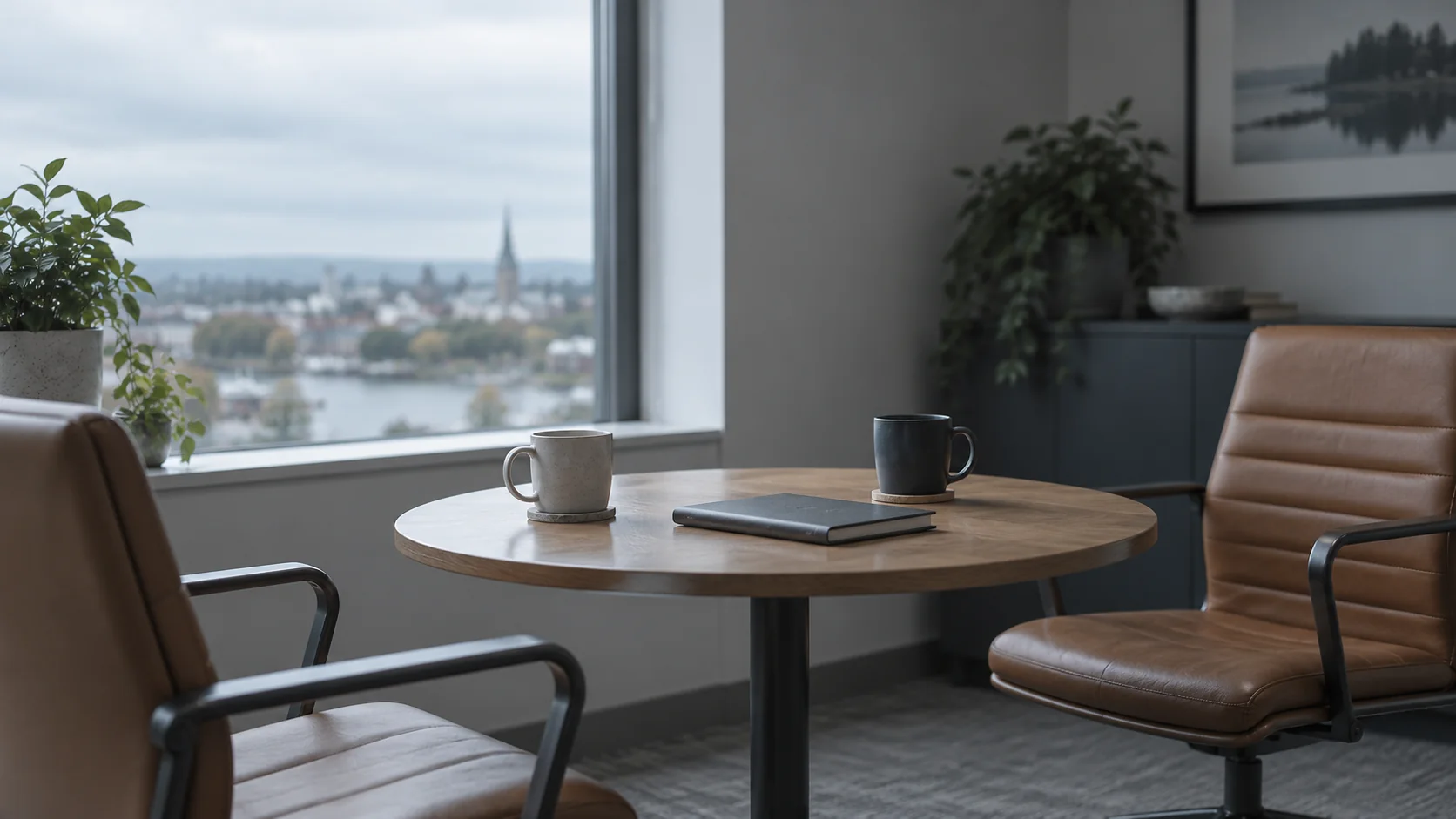 A quiet table set for a consultation.