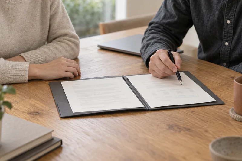 Two people reviewing paperwork at a table.