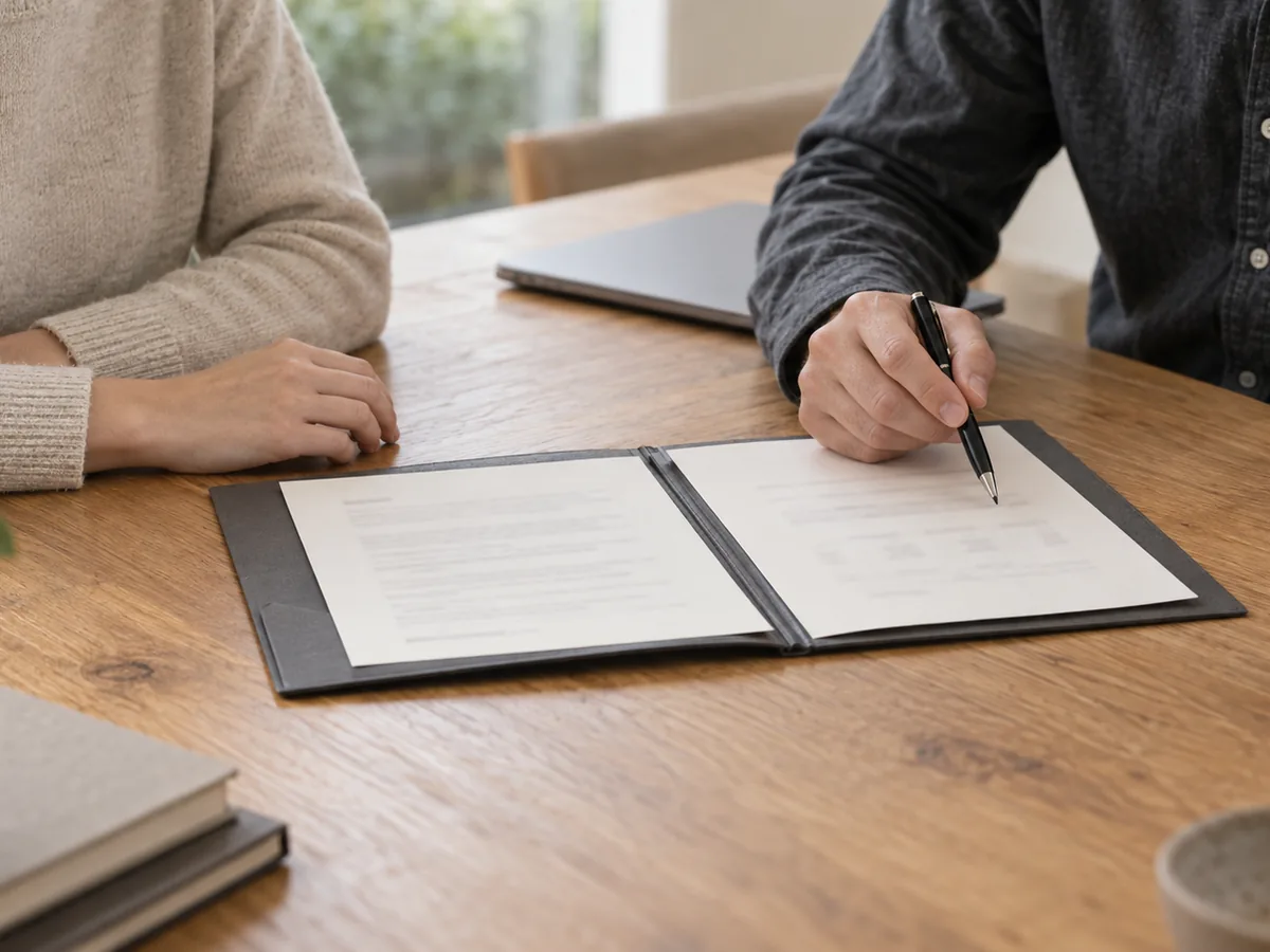 Two people reviewing paperwork at a table.